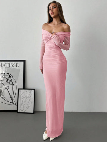 Aloruh Romantic Off-Shoulder Mesh Twist Ruched Fitted Long Sleeve Dress