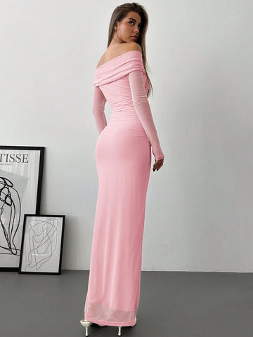 Aloruh Romantic Off-Shoulder Mesh Twist Ruched Fitted Long Sleeve Dress
