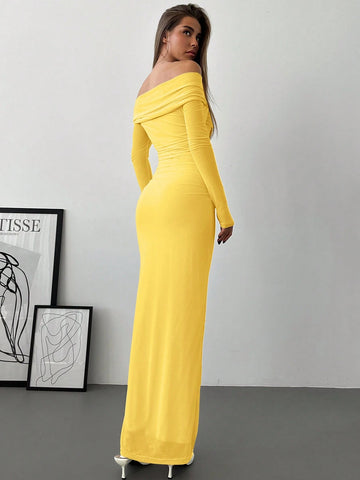 Aloruh Romantic Off-Shoulder Mesh Twist Ruched Fitted Long Sleeve Dress