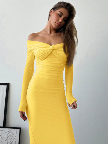 Aloruh Romantic Off-Shoulder Mesh Twist Ruched Fitted Long Sleeve Dress