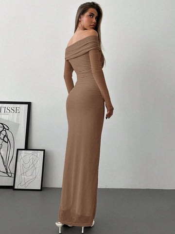 Aloruh Romantic Off-Shoulder Mesh Twist Ruched Fitted Long Sleeve Dress