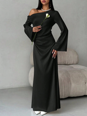 Solid Shoulder Ruched Flare Sleeve Maxi Fitted Mermaid Skirt