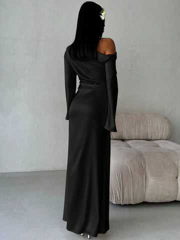 Solid Shoulder Ruched Flare Sleeve Maxi Fitted Mermaid Skirt