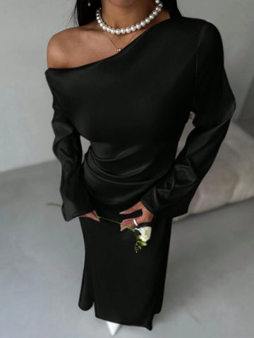 Solid Shoulder Ruched Flare Sleeve Maxi Fitted Mermaid Skirt