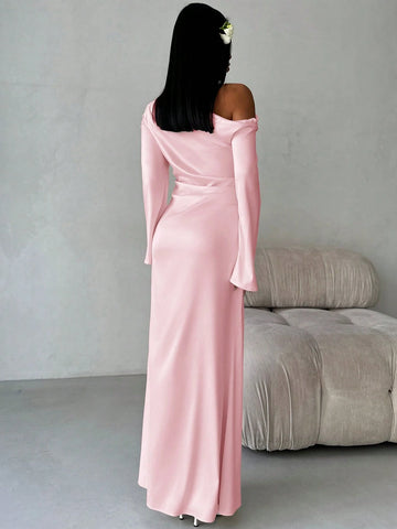 Solid Shoulder Ruched Flare Sleeve Maxi Fitted Mermaid Skirt
