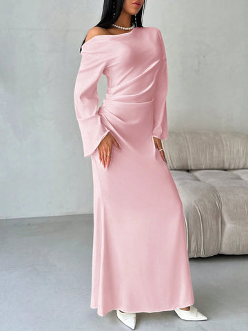Solid Shoulder Ruched Flare Sleeve Maxi Fitted Mermaid Skirt