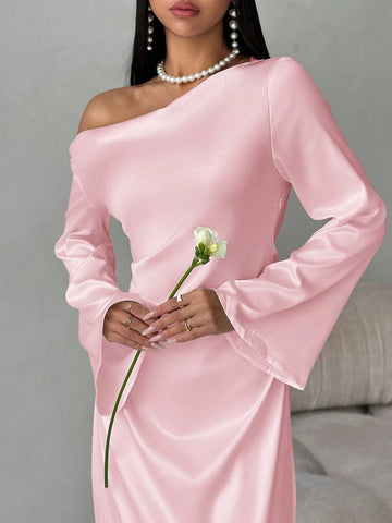 Solid Shoulder Ruched Flare Sleeve Maxi Fitted Mermaid Skirt