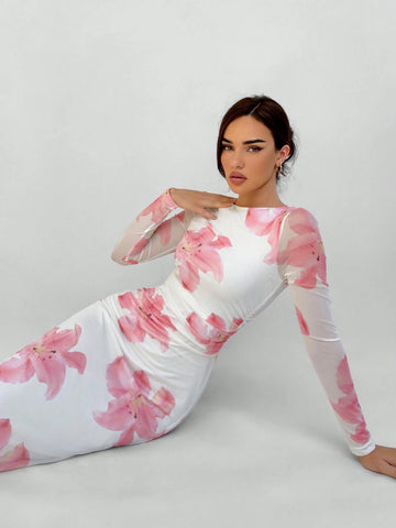 Aloruh Valentine's Day Pink Floral Print Long Sleeve Maxi Mesh Dress