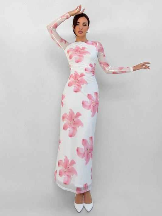 Aloruh Valentine's Day Pink Floral Print Long Sleeve Maxi Mesh Dress