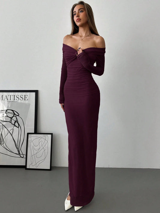 Aloruh Romantic Off-Shoulder Mesh Twist Ruched Fitted Long Sleeve Dress