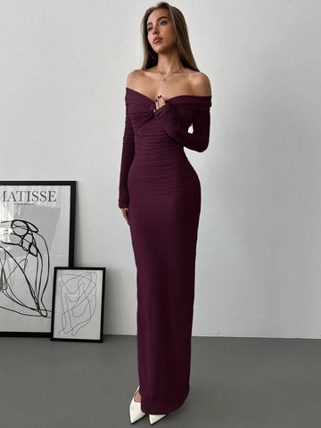 Aloruh Romantic Off-Shoulder Mesh Twist Ruched Fitted Long Sleeve Dress