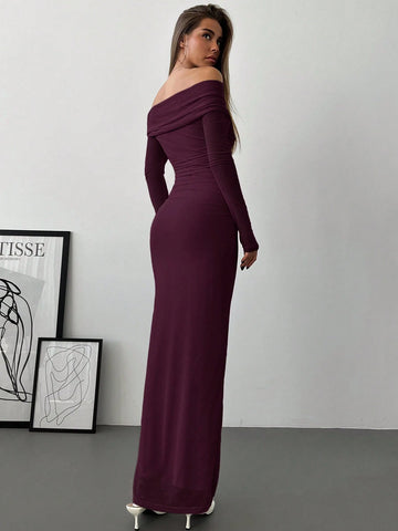 Aloruh Romantic Off-Shoulder Mesh Twist Ruched Fitted Long Sleeve Dress
