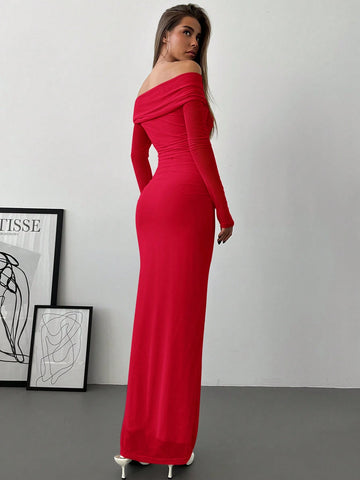 Aloruh Romantic Off-Shoulder Mesh Twist Ruched Fitted Long Sleeve Dress