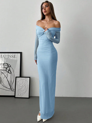 Aloruh Romantic Off-Shoulder Mesh Twist Ruched Fitted Long Sleeve Dress