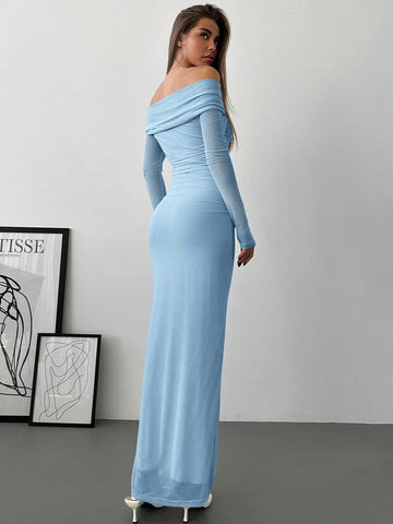 Aloruh Romantic Off-Shoulder Mesh Twist Ruched Fitted Long Sleeve Dress