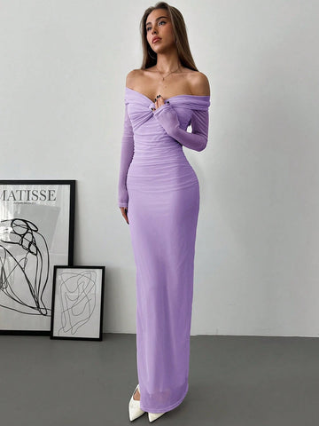 Aloruh Romantic Off-Shoulder Mesh Twist Ruched Fitted Long Sleeve Dress