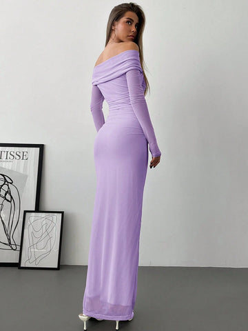 Aloruh Romantic Off-Shoulder Mesh Twist Ruched Fitted Long Sleeve Dress