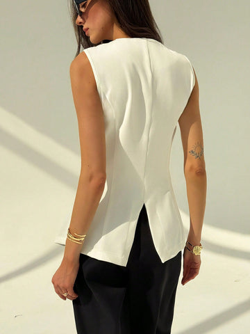 Aloruh Round Neck Sleeveless Minimalist Metal Decor Women's Office Blazer