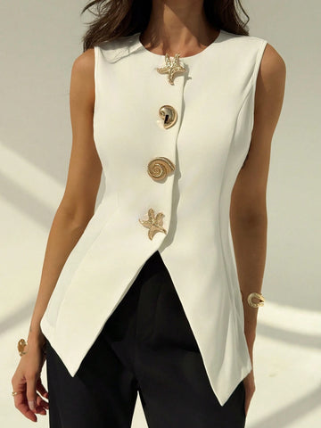 Aloruh Round Neck Sleeveless Minimalist Metal Decor Women's Office Blazer
