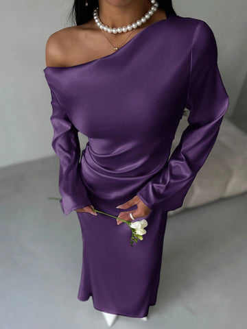 Solid Shoulder Ruched Flare Sleeve Maxi Fitted Mermaid Skirt