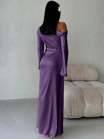 Solid Shoulder Ruched Flare Sleeve Maxi Fitted Mermaid Skirt