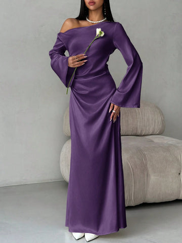 Solid Shoulder Ruched Flare Sleeve Maxi Fitted Mermaid Skirt
