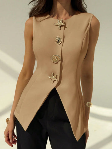 Aloruh Round Neck Sleeveless Minimalist Metal Decor Women's Office Blazer