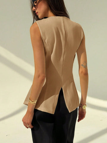 Aloruh Round Neck Sleeveless Minimalist Metal Decor Women's Office Blazer