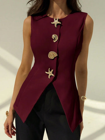 Aloruh Round Neck Sleeveless Minimalist Metal Decor Women's Office Blazer