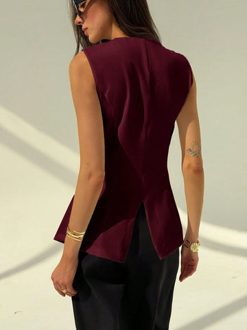 Aloruh Round Neck Sleeveless Minimalist Metal Decor Women's Office Blazer