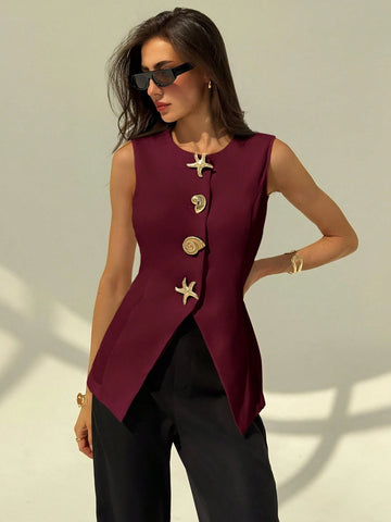 Aloruh Round Neck Sleeveless Minimalist Metal Decor Women's Office Blazer
