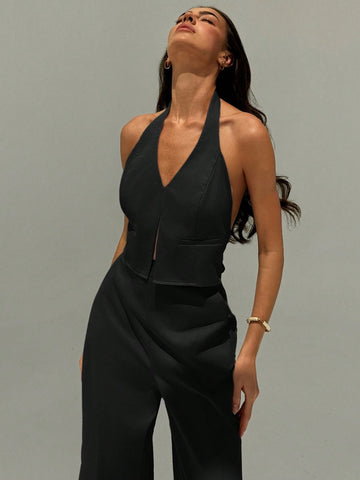 Aloruh Deep V Backless Camisole And Wide Leg Pants Suit