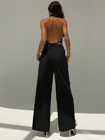 Aloruh Deep V Backless Camisole And Wide Leg Pants Suit