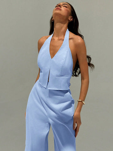 Aloruh Deep V Backless Camisole And Wide Leg Pants Suit