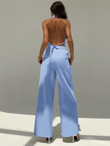 Aloruh Deep V Backless Camisole And Wide Leg Pants Suit