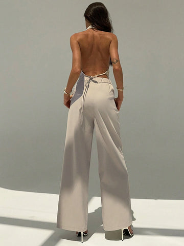 Aloruh Deep V Backless Camisole And Wide Leg Pants Suit