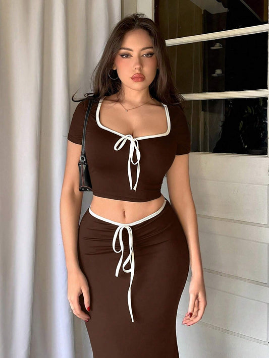 Bowknot Tie Crop Sleeve Crop Top And Fish Tail Skirt Set