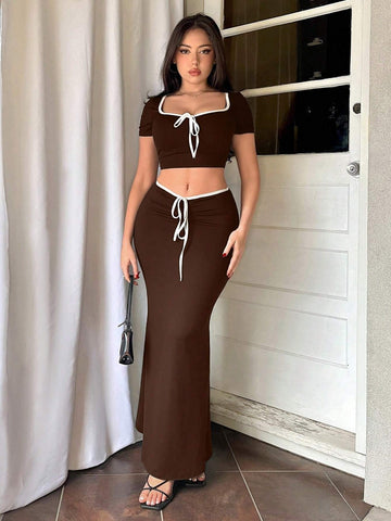 Bowknot Tie Crop Sleeve Crop Top And Fish Tail Skirt Set