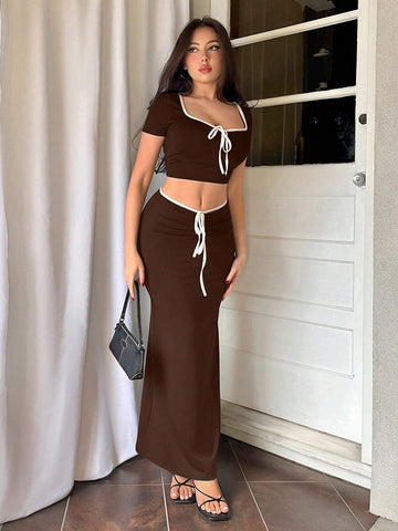 Bowknot Tie Crop Sleeve Crop Top And Fish Tail Skirt Set