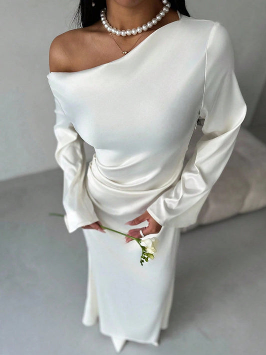Solid Shoulder Ruched Flare Sleeve Maxi Fitted Mermaid Skirt