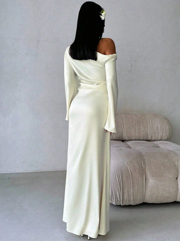 Solid Shoulder Ruched Flare Sleeve Maxi Fitted Mermaid Skirt