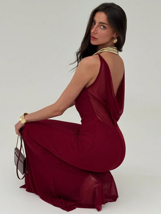 Spaghetti Strap Bodycon Backless V-Neck Long Mesh Women Dress