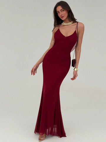 Spaghetti Strap Bodycon Backless V-Neck Long Mesh Women Dress