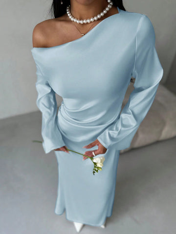 Solid Shoulder Ruched Flare Sleeve Maxi Fitted Mermaid Skirt