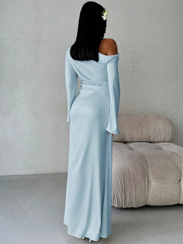 Solid Shoulder Ruched Flare Sleeve Maxi Fitted Mermaid Skirt