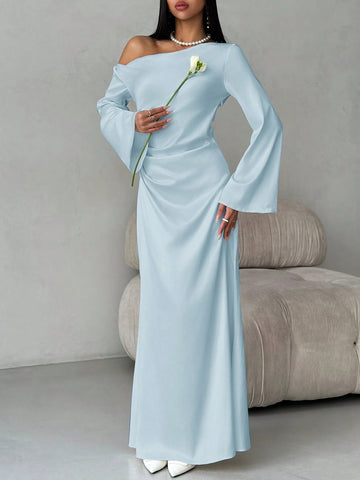 Solid Shoulder Ruched Flare Sleeve Maxi Fitted Mermaid Skirt