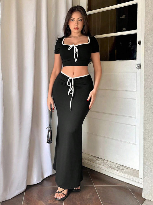Bowknot Tie Crop Sleeve Crop Top And Fish Tail Skirt Set