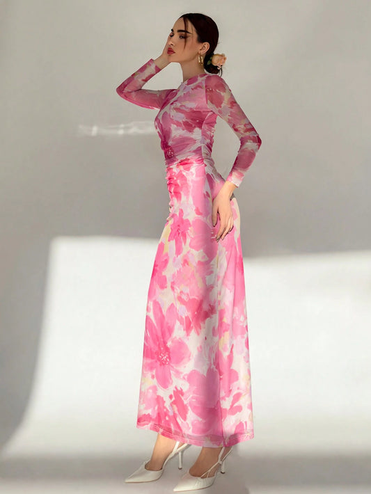 Aloruh Valentine's Day Pink Floral Print Long Sleeve Maxi Mesh Dress