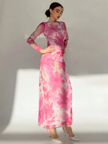 Aloruh Valentine's Day Pink Floral Print Long Sleeve Maxi Mesh Dress