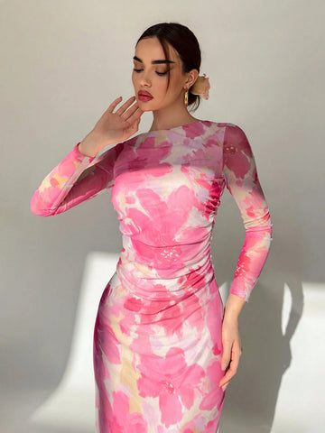 Aloruh Valentine's Day Pink Floral Print Long Sleeve Maxi Mesh Dress
